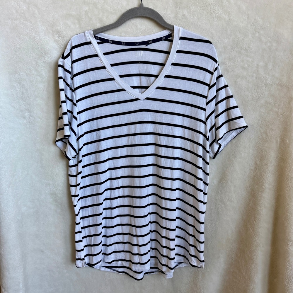 Gap Womens White Navy Striped V Neck Boxy Fit High Low Hem Tee Shirt Size L